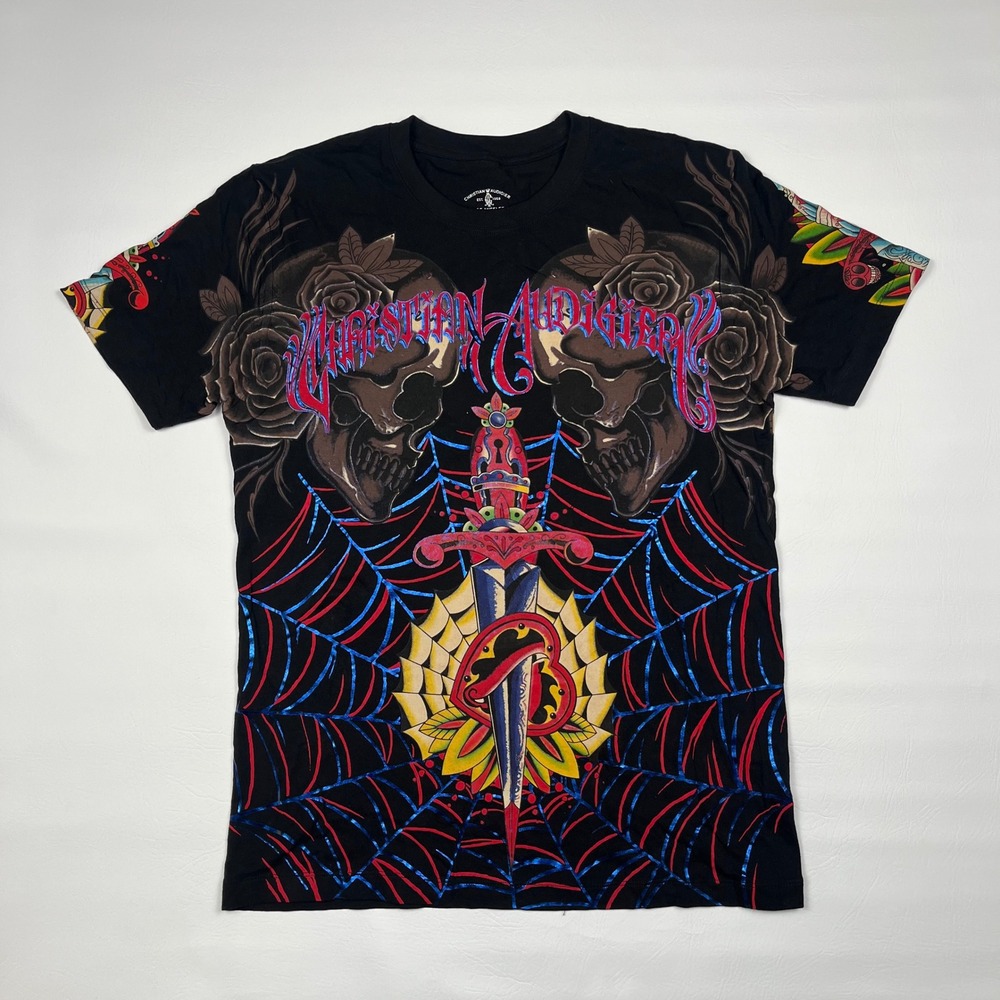 Christian Audigier Web & Dagger T-Shirt Mens M Black Skull Snake Y2K Tattoo